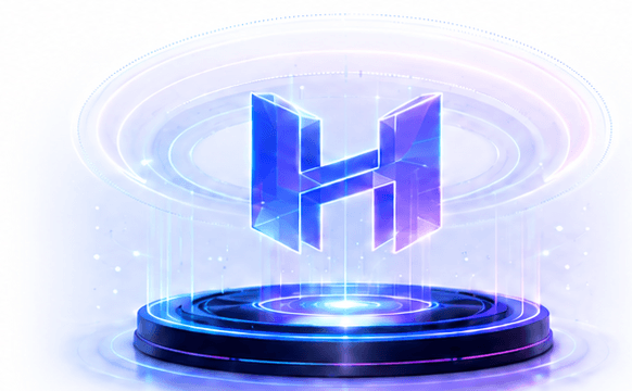 Glowing 3D hologram H logo on a hologram fan display platform